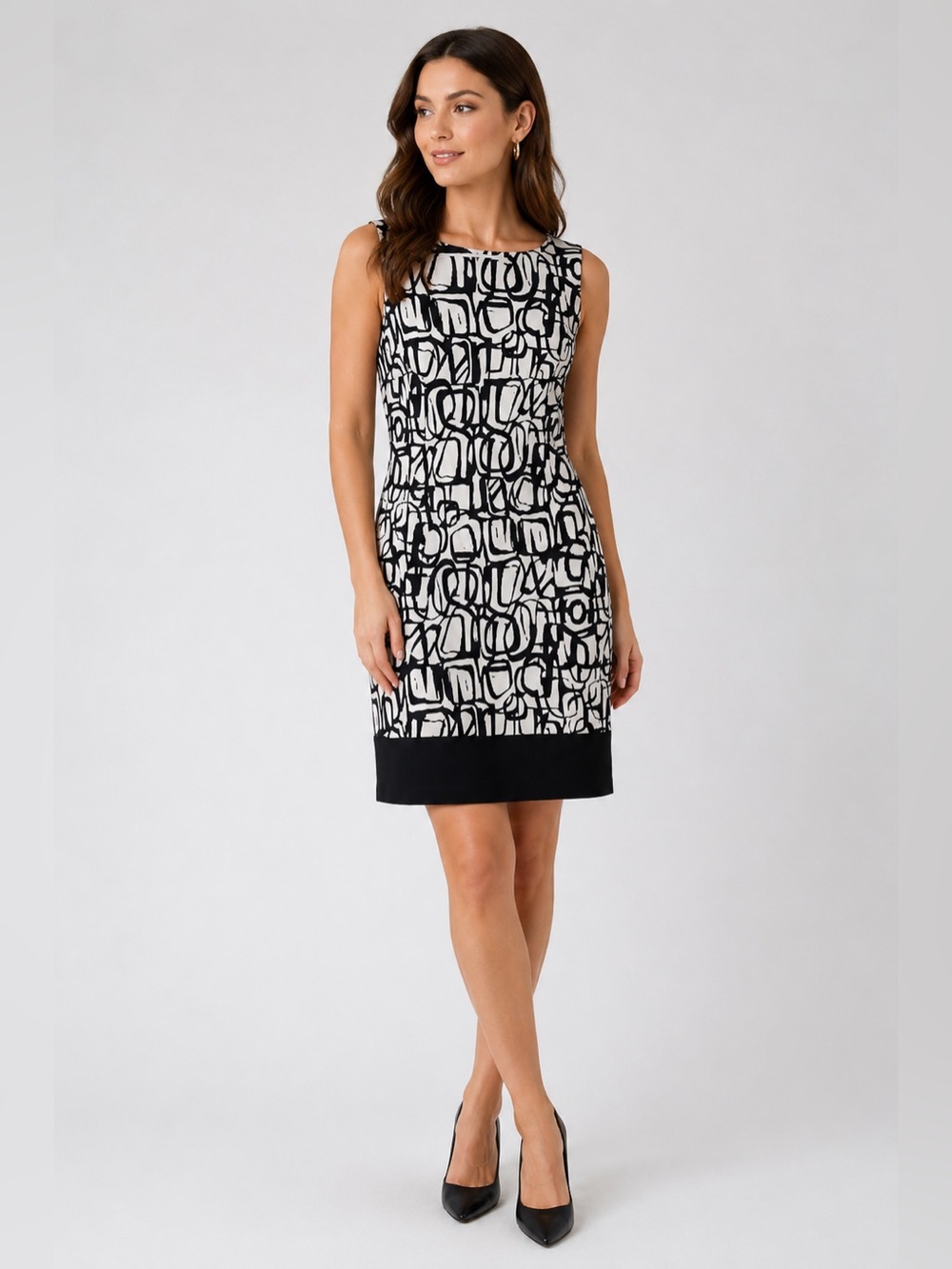 Women’s Black White Abstract Print Sleeveless Knee Length Dress Size 14
